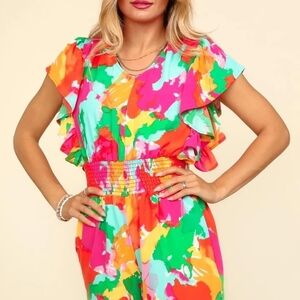 Haptics Floral Vibrant Multicolor Ruffle Sleeve Romper Size Medium